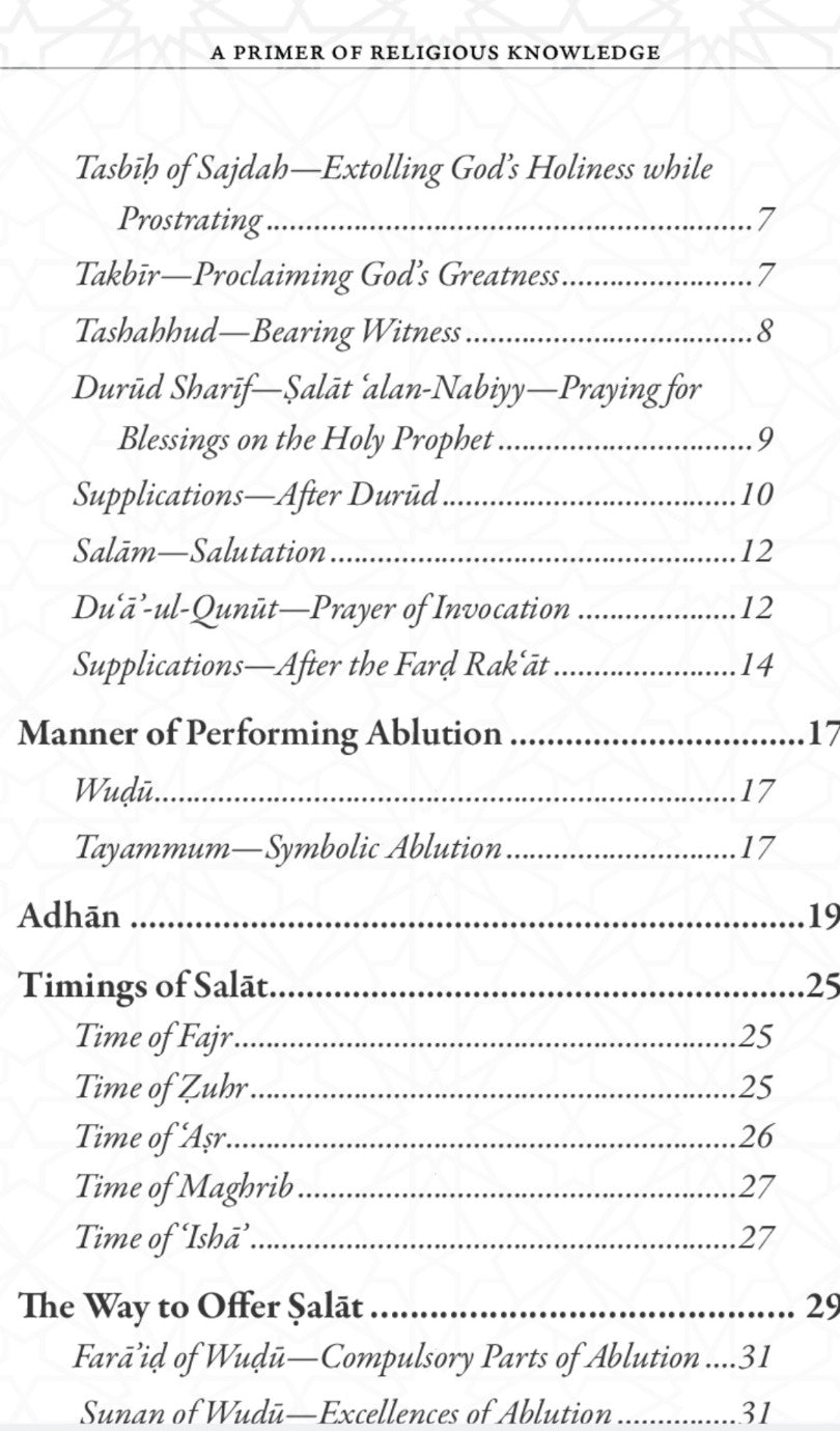 Table of contents from a religious text on Islamic prayers and rituals.