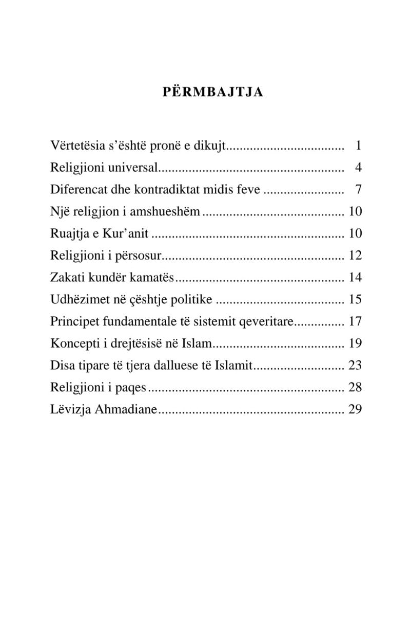 Table of contents for a book or document in Albanian