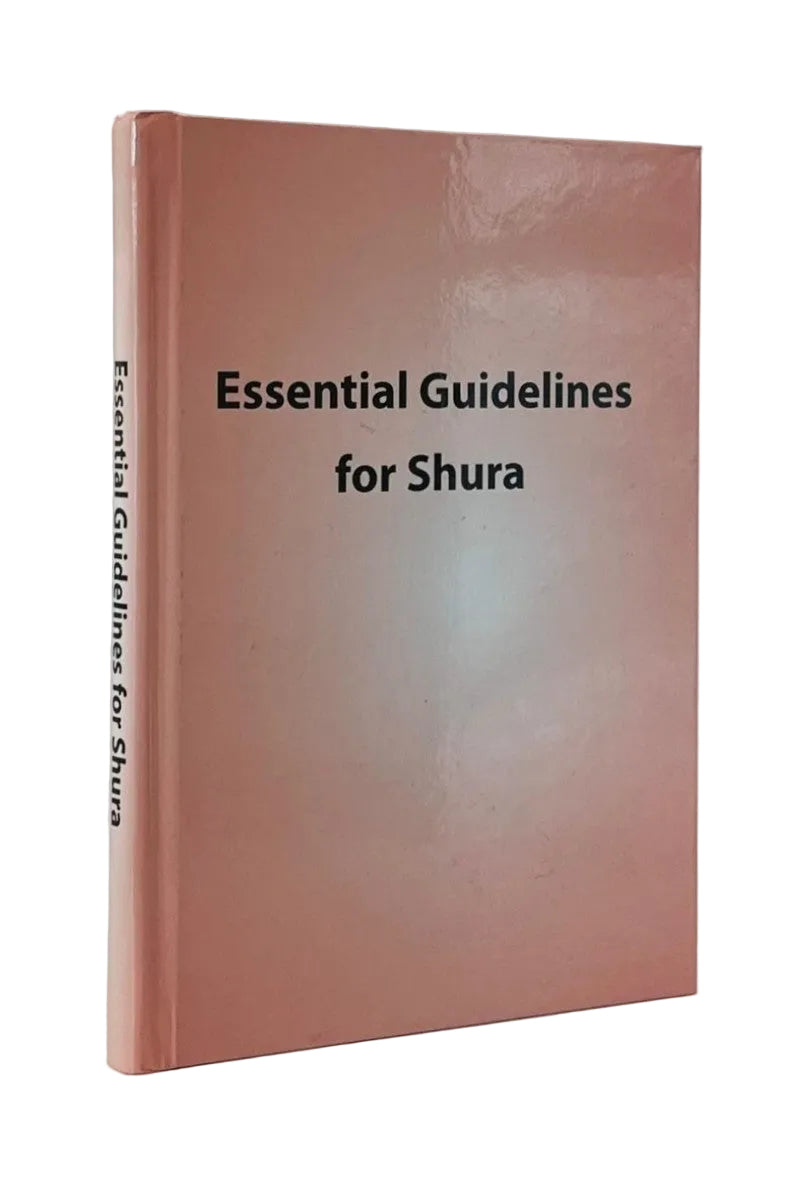 A hardcover book titled 'Essential Guidelines for Shura' with a dusty rose pink cover and spine, photographed on a light gray background.