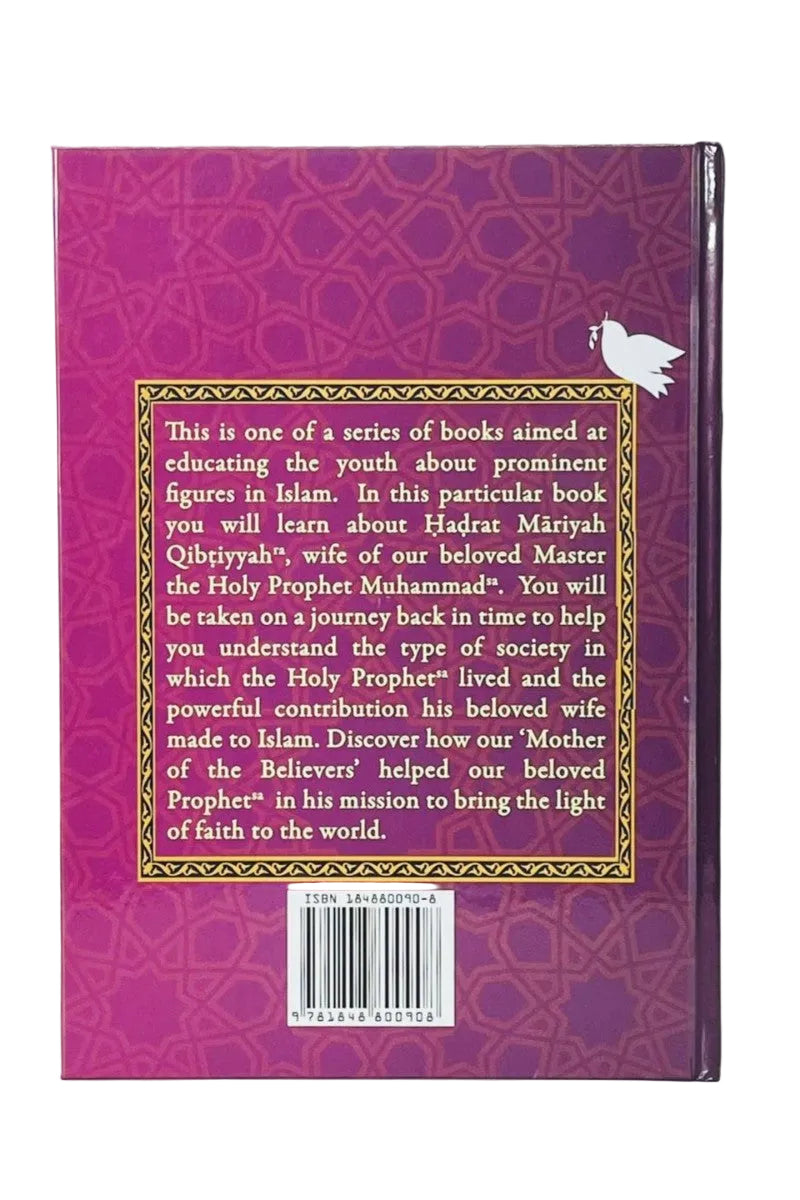 The back cover of a book with a magenta-purple background, featuring a gold-bordered text box with white text, a white dove illustration, and a barcode at the bottom.