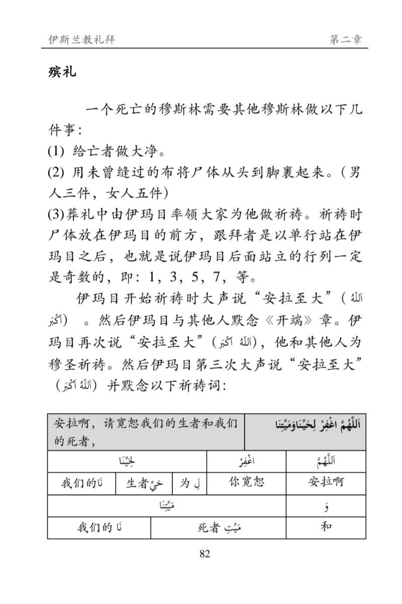 A photographed page from a printed booklet or book in Chinese, showing a section titled about Islamic funeral rites with explanatory text and a small table at the bottom. No person, animal, or real environment is present, so this is not Lifestyle.