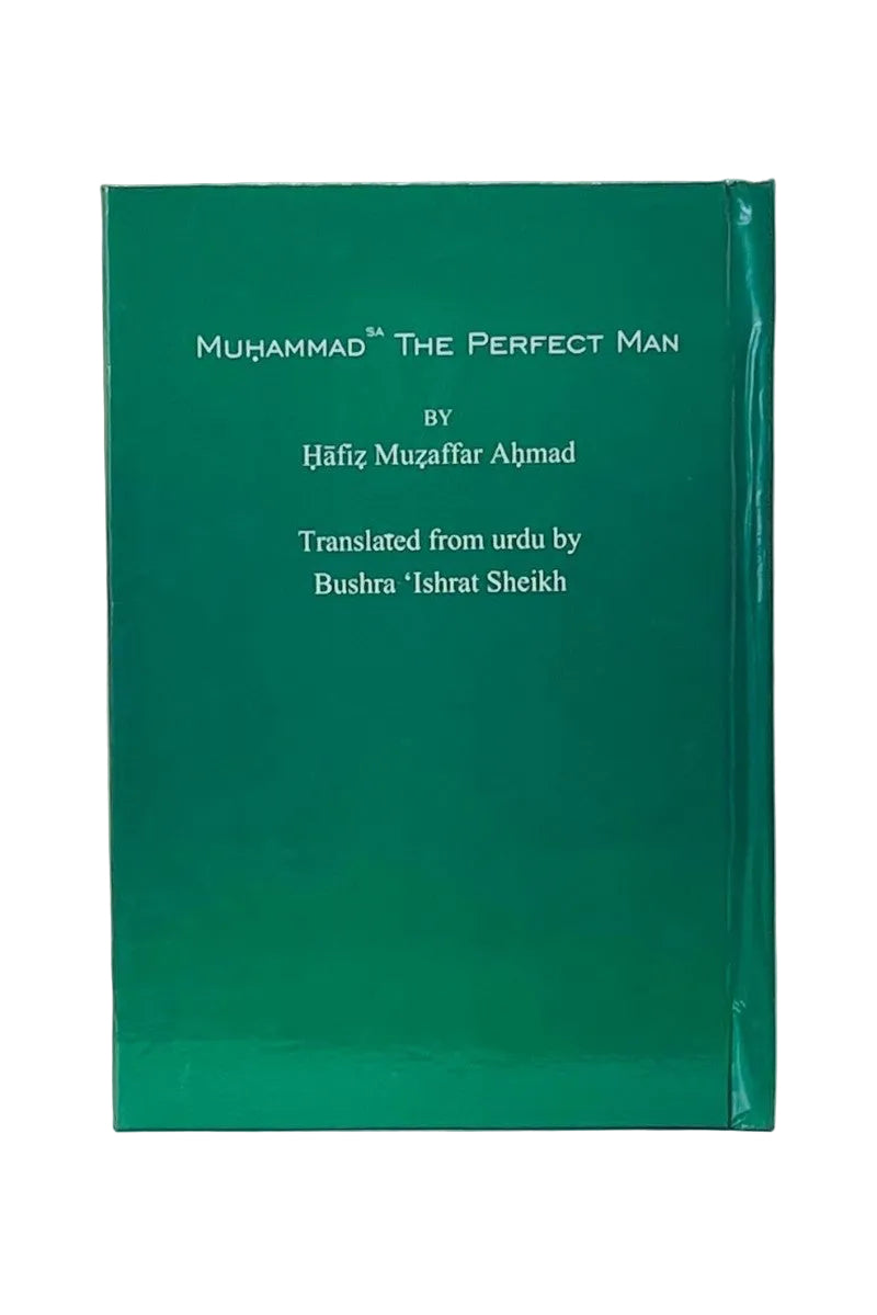Green book titled 'Muhammad: The Perfect Man' by Hafiz Muzaffar Ahmad on a white background