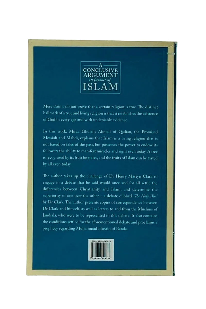 The back cover of a book titled 'A Conclusive Argument for the Islam' is shown against a light gray background. The cover features a dark teal-blue background with cream-colored text and a gold border, along with a barcode at the bottom.