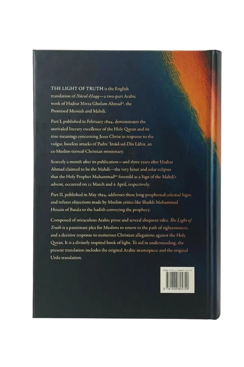 The back cover of a book titled 'The Light of Truth' is shown against a light gray background. The cover is predominantly black with a textured abstract design in orange and dark red on the right side, featuring white text and a barcode near the bottom.