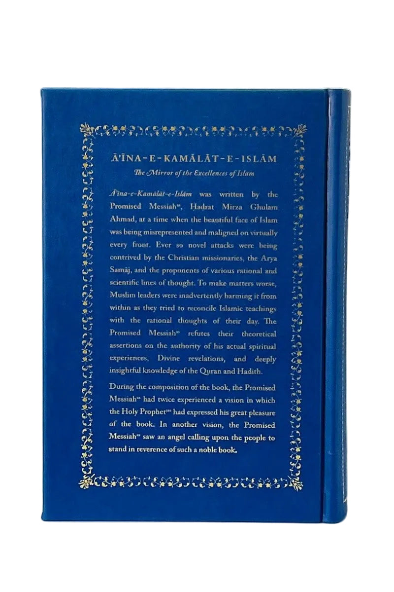 A blue hardcover book standing upright against a light gray background. The front cover features a decorative gold border and a block of English text printed in black.