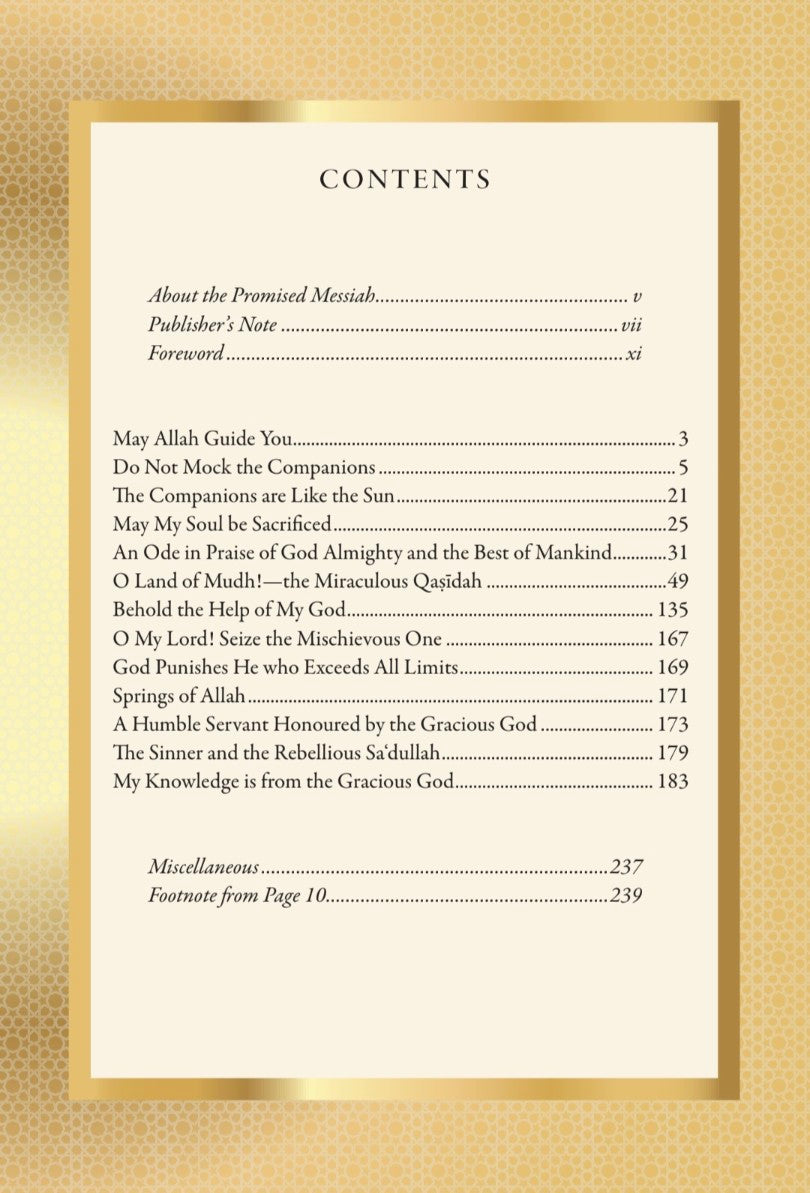 Table of contents page with a gold border on a beige background