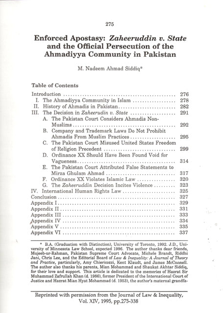 Enforced Apostacy: Zaheeruddin vs State
