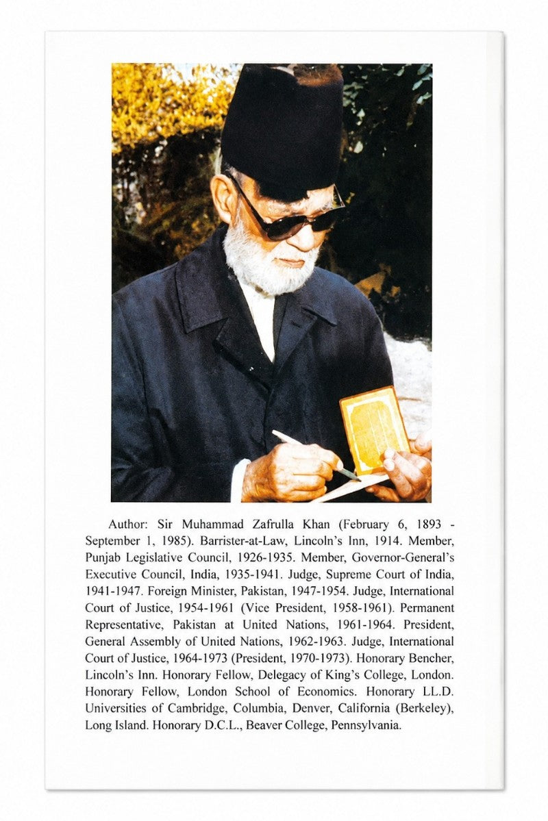 A printed page or poster with a black-and-white portrait of Muhammad Zafarullah khan on the left and a block of biographical text on the right, shown against a white background.