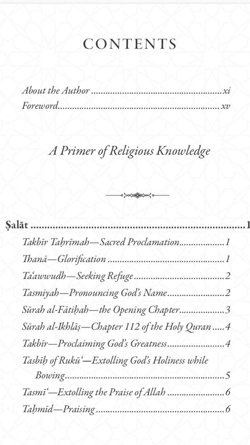Table of contents for a religious text titled 'A Primer of Religious Knowledge' with chapter headings.