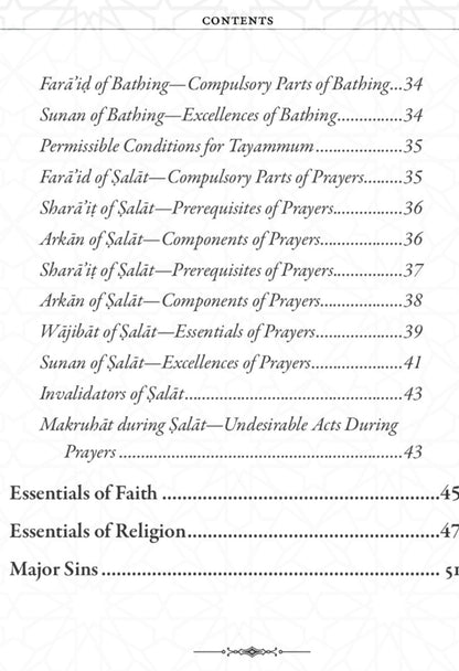 Table of contents for a religious text on prayers, and faith.