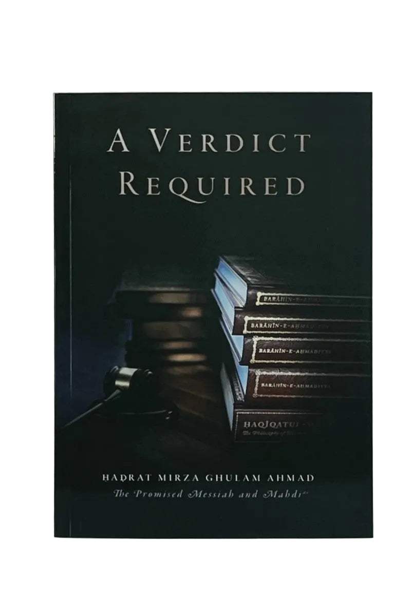 The book cover of 'A Verdict Required' by Hadrat Mirza Ghulam Ahmad, featuring a dark background with a gavel and a stack of law books