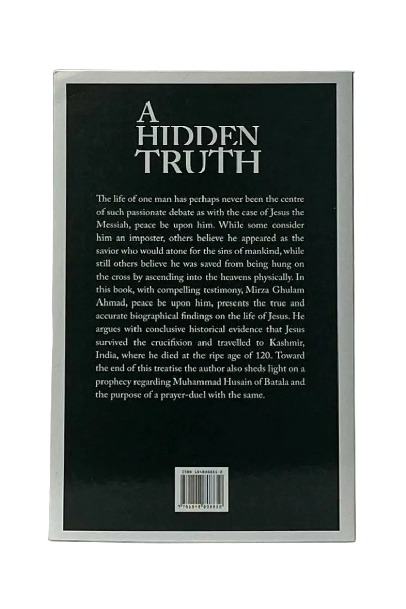 The back cover of a book titled 'A HIDDEN TRUTH' with a black background, white title text, and a block of white descriptive text, photographed against a light gray background.