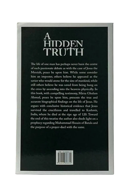 The back cover of a book titled 'A HIDDEN TRUTH' with a black background, white title text, and a block of white descriptive text, photographed against a light gray background.