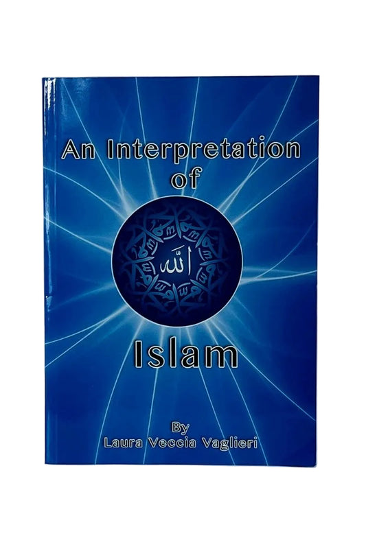 The front cover of a book titled 'An Interpretation of Islam' by Laura Vesella Vaglieri, featuring a vibrant blue background with a central circular emblem containing Arabic calligraphy and radiating light beams.