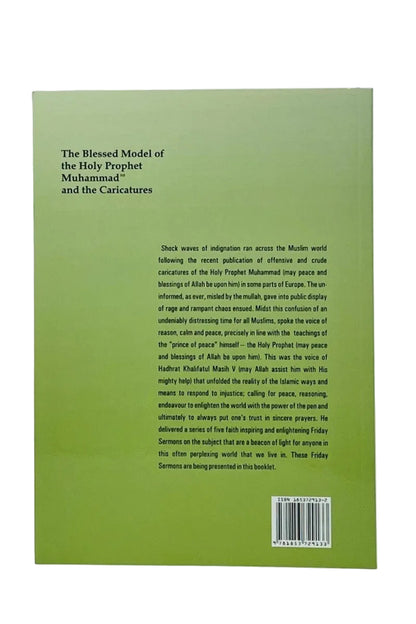 The back cover of a book with a light olive green background, featuring black text about the Holy Prophet Muhammad and the Caricatures, with a barcode at the bottom right.
