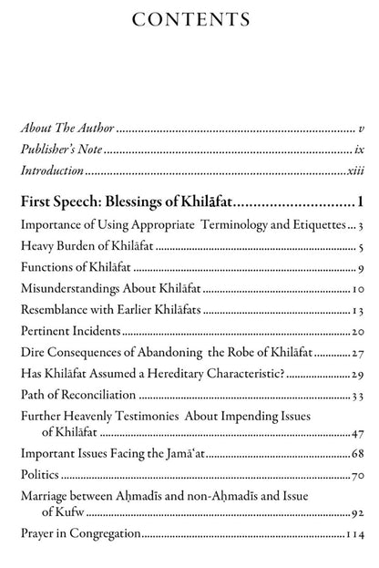Table of contents for a book or document on Khilafat, including sections like 'First Speech: Blessings of Khilafat' and 'Introduction'.