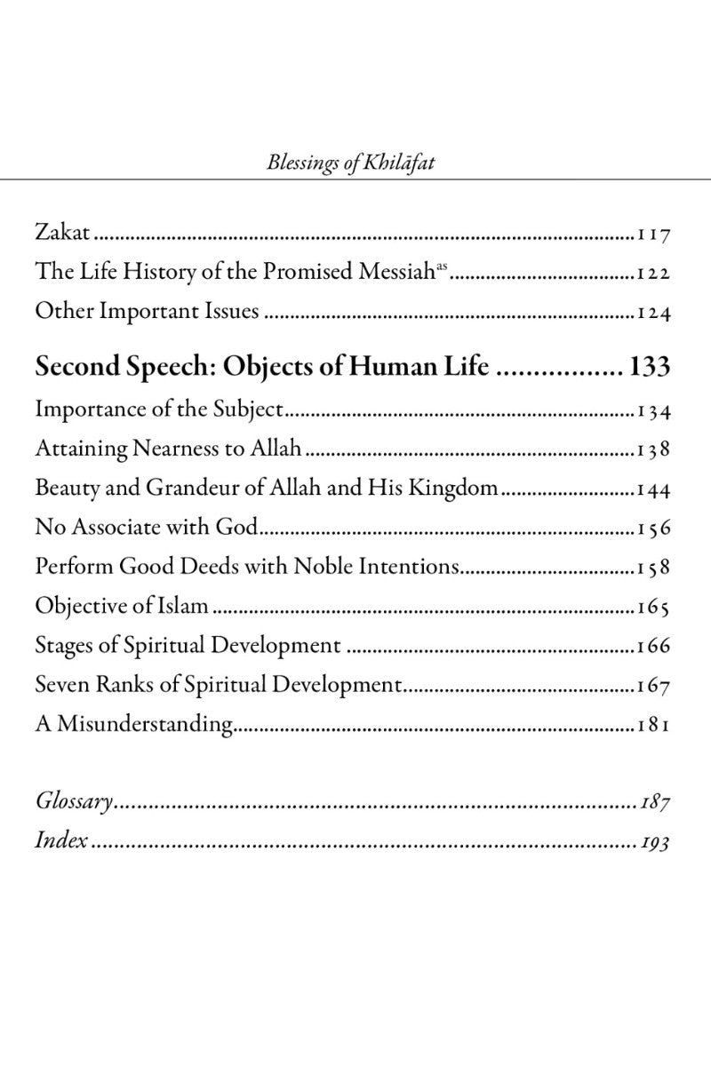 Table of contents for a religious text with chapter titles and page numbers.