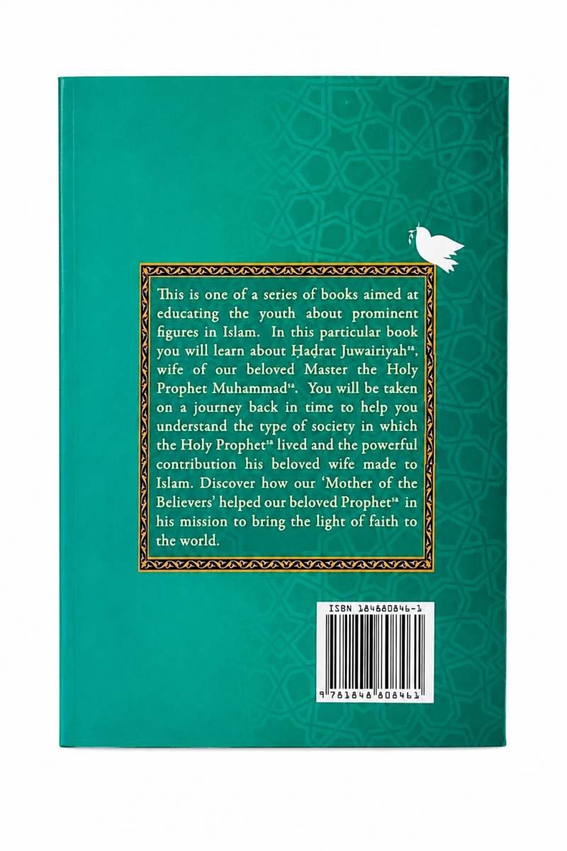 The back cover of a teal book with a gold-bordered text box, a white bird illustration, and a barcode on a white background.
