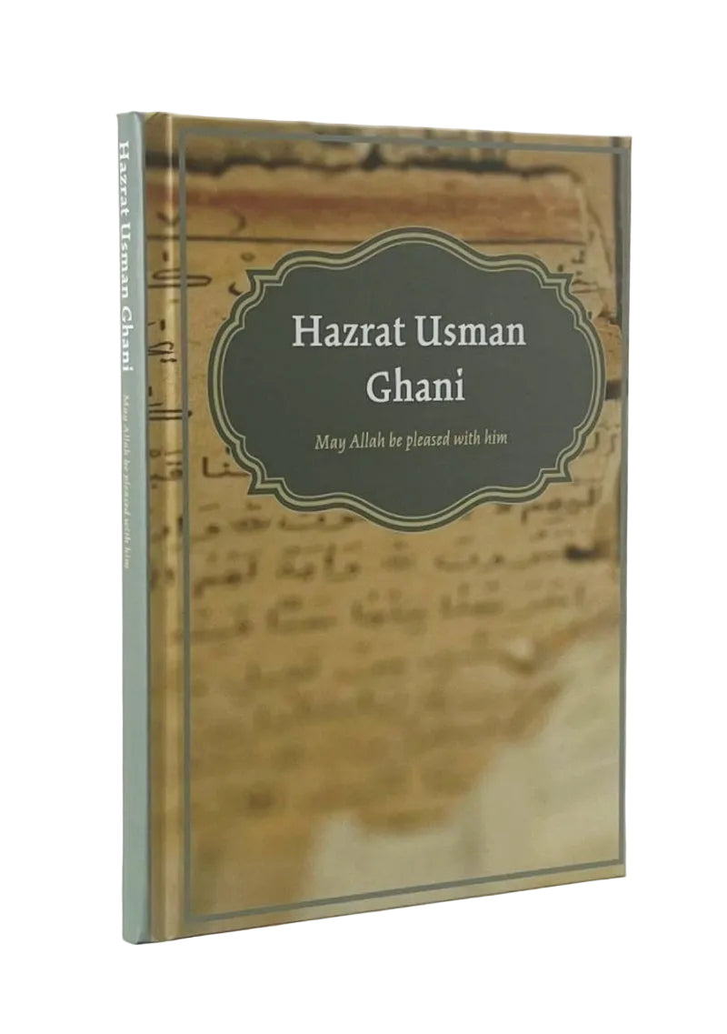 A hardcover book titled 'Hazrat Usman Ghani' with a beige and brown background featuring Arabic calligraphy, and a dark gray label in the center with white text.