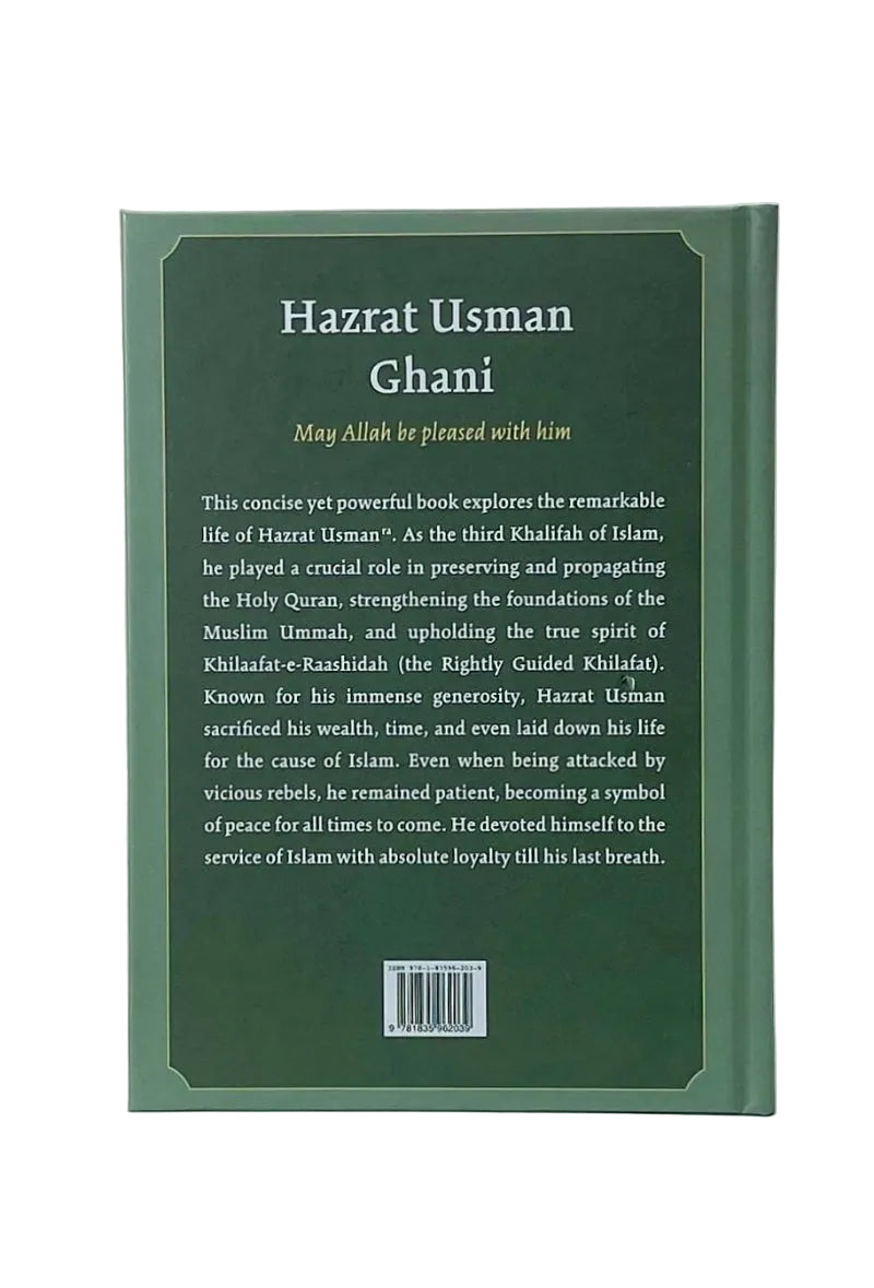 The back cover of a book titled 'Hazrat Usman Ghani' by May Allah be pleased with him, featuring a sage green background with white text and a barcode at the bottom.