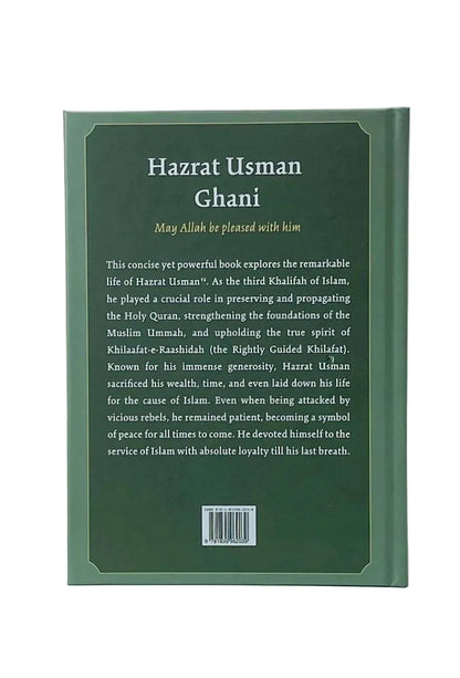 The back cover of a book titled 'Hazrat Usman Ghani' by May Allah be pleased with him, featuring a sage green background with white text and a barcode at the bottom.