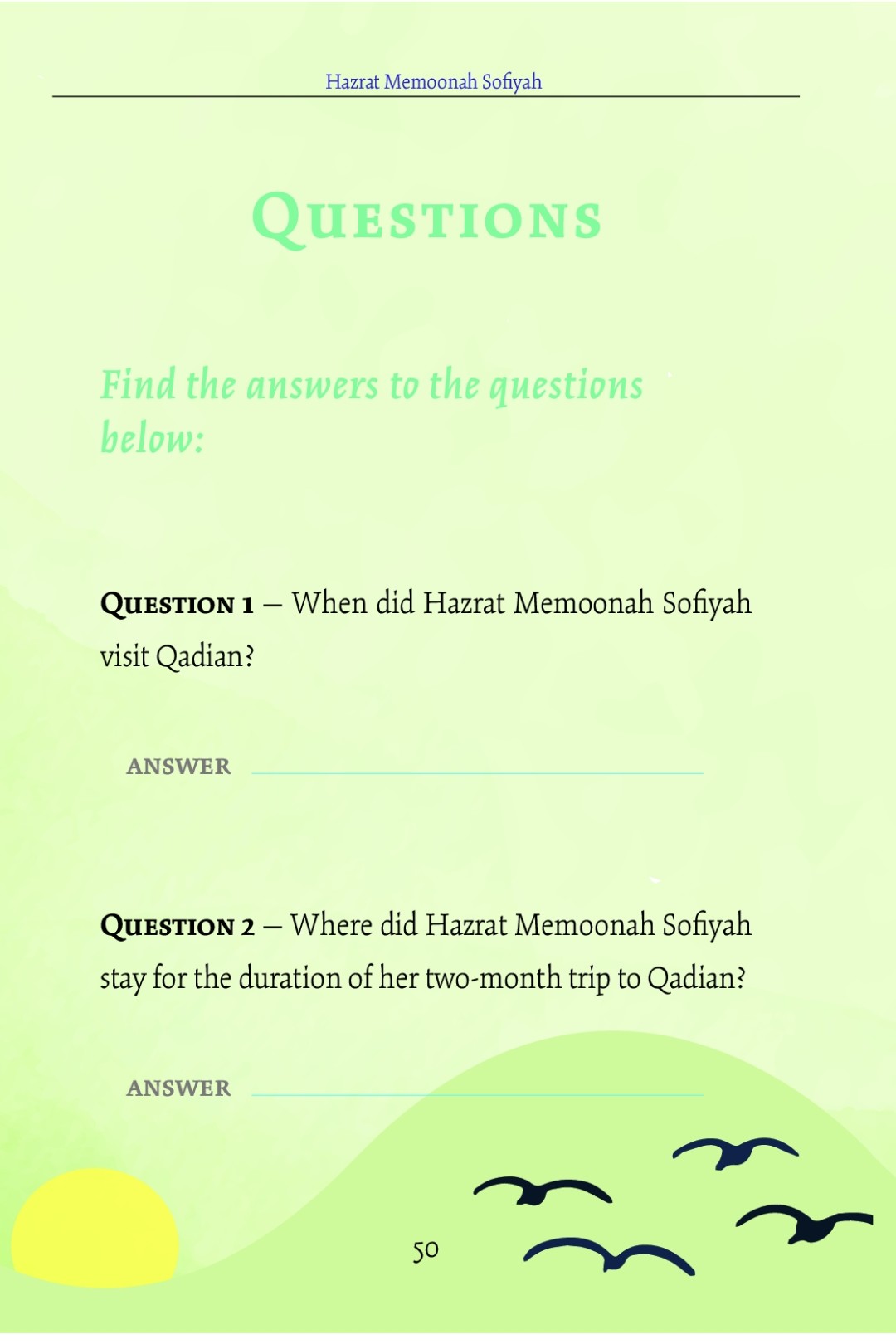 Questions and answer in the book Hazrat memoonah sofiyah