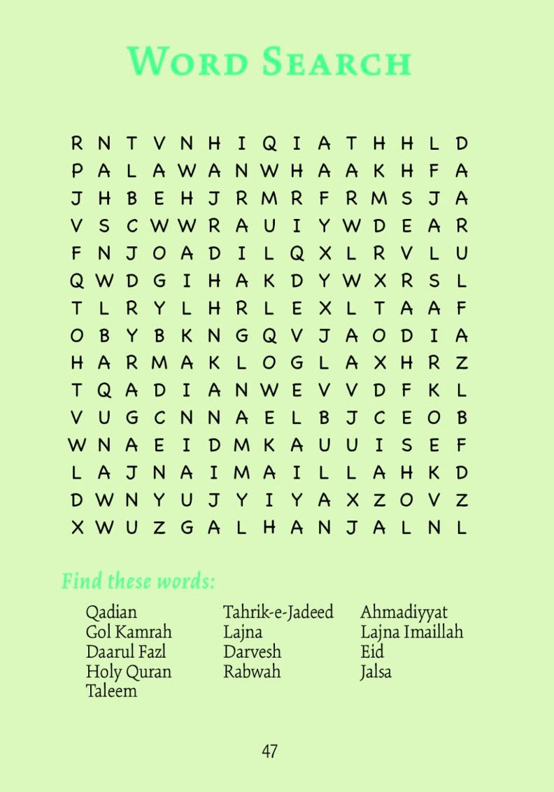 Word search page in the book Hazrat memoonah sofiyah