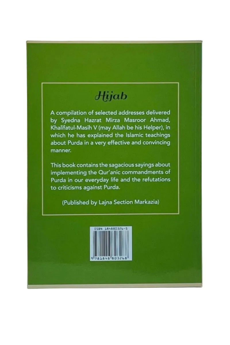 The back cover of a green book titled 'Hijab' with white text and a barcode, photographed against a light neutral background.