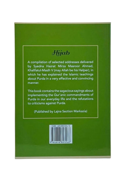 The back cover of a green book titled 'Hijab' with white text and a barcode, photographed against a light neutral background.