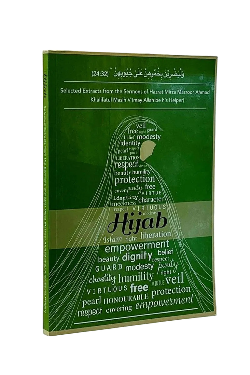 A green book titled 'Hijab: Selected Extracts from the Sermons of Hazrat Miza Maarof Ahmad' with white text and line art, standing upright against a light neutral background.