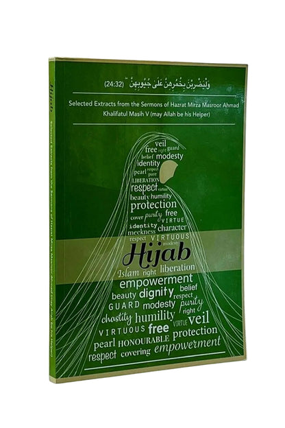 A green book titled 'Hijab: Selected Extracts from the Sermons of Hazrat Miza Maarof Ahmad' with white text and line art, standing upright against a light neutral background.