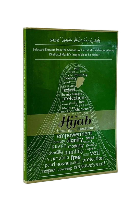A green book titled 'Hijab: Selected Extracts from the Sermons of Hazrat Miza Maarof Ahmad' with white text and line art, standing upright against a light neutral background.