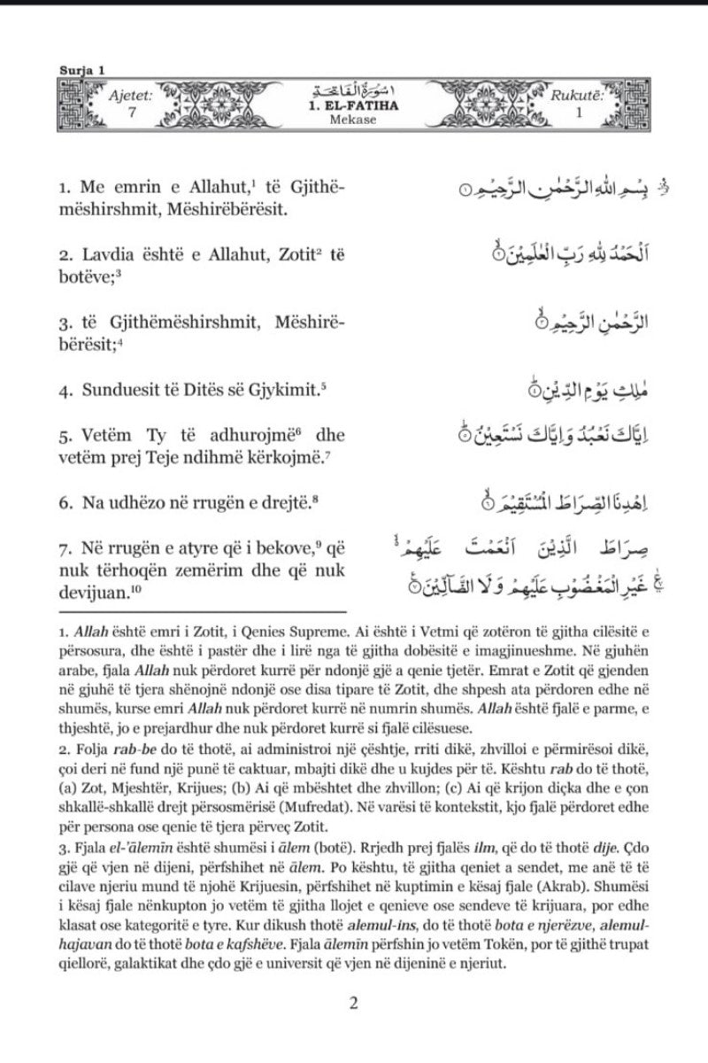 Text page from the Quran in Arabic with headings and numbered verses and Albanian translation