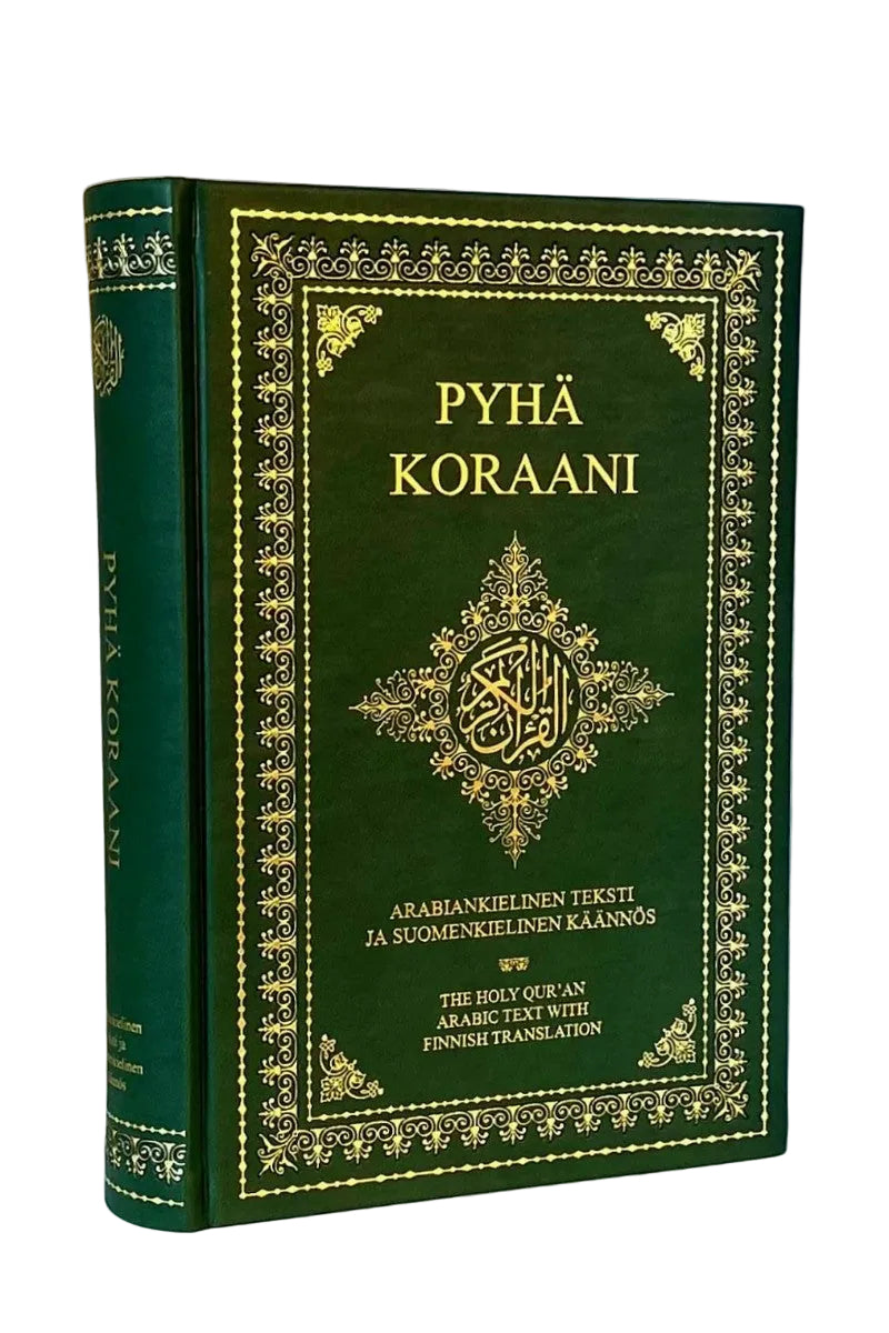 Green book with gold text and design, titled 'Pyha Koraani' on a white background