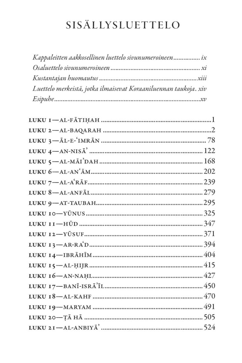 Table of contents for a religious text in Finnish with chapter headings and page numbers.