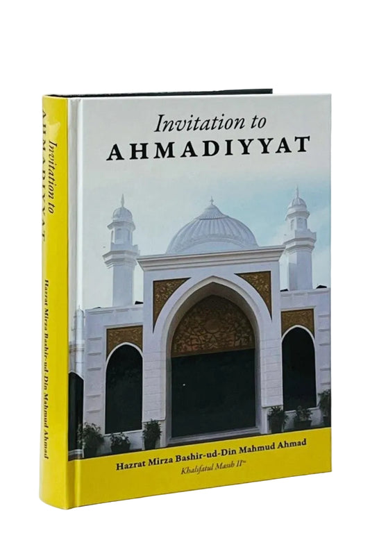 Book titled 'Invitation to Ahmadiyyat' with a yellow spine and architectural image on the cover.