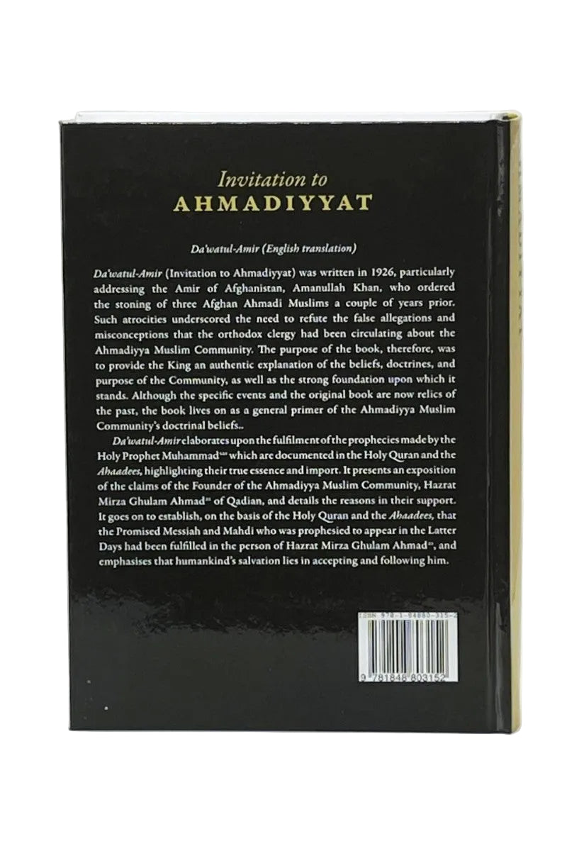Back cover of a book titled 'Invitation to Ahmadiyyat' with text and a barcode on a white background.