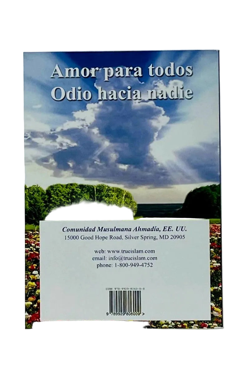 A printed book or booklet cover shown flat against a light gray background. The front features a sky-and-cloud landscape photo with Spanish text reading 'Amor para todos Odio hacia nadie,' a white contact block with an address, email, website, and barcode, and a multicolored floral border along the bottom edge.