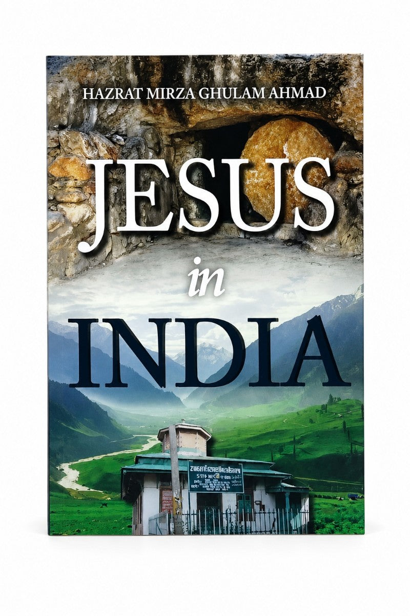 Book cover of 'Jesus in India' by Hazrat Mirza Ghulam Ahmad with a scenic background.