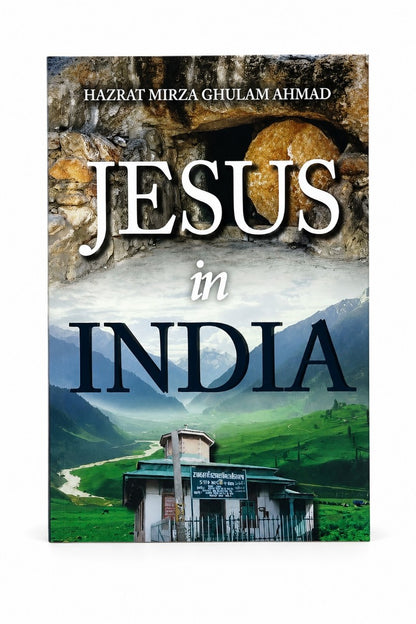 Book cover of 'Jesus in India' by Hazrat Mirza Ghulam Ahmad with a scenic background.