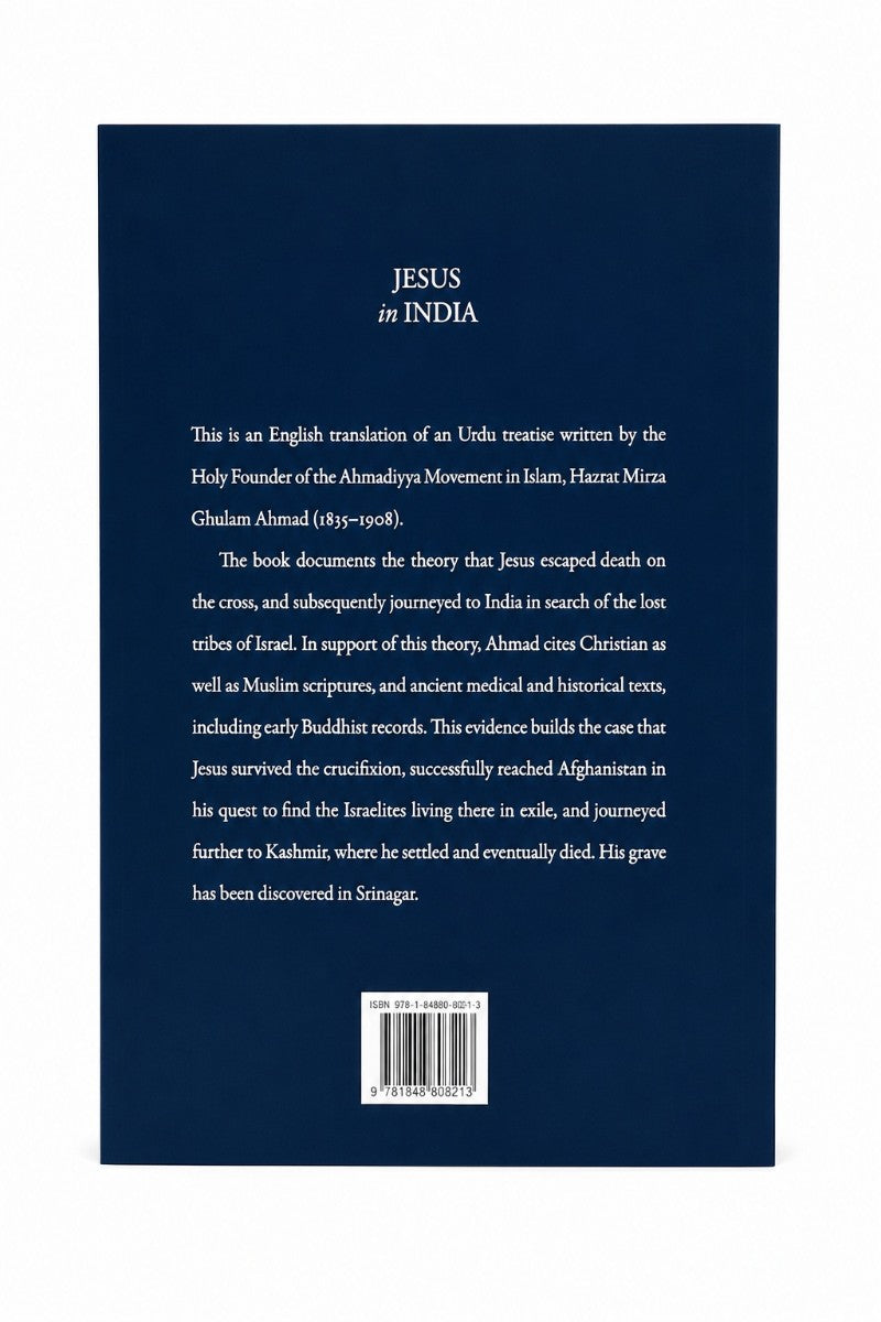 Back cover of a book with text about Jesus in India on a blue background