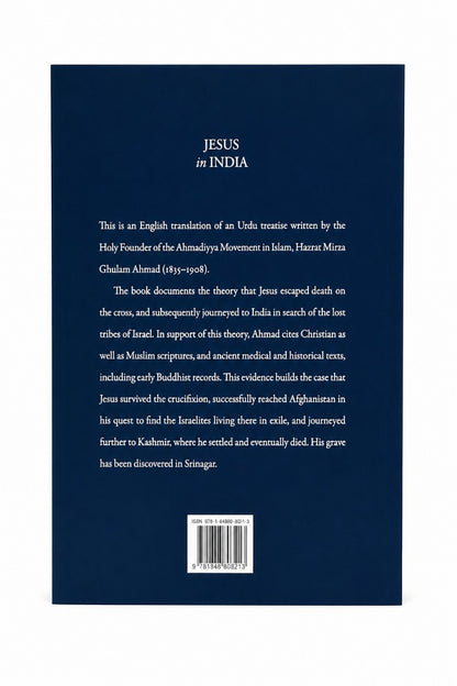Back cover of a book with text about Jesus in India on a blue background