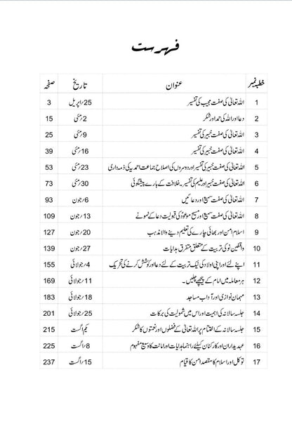Table of contents with Urdu text on a white background