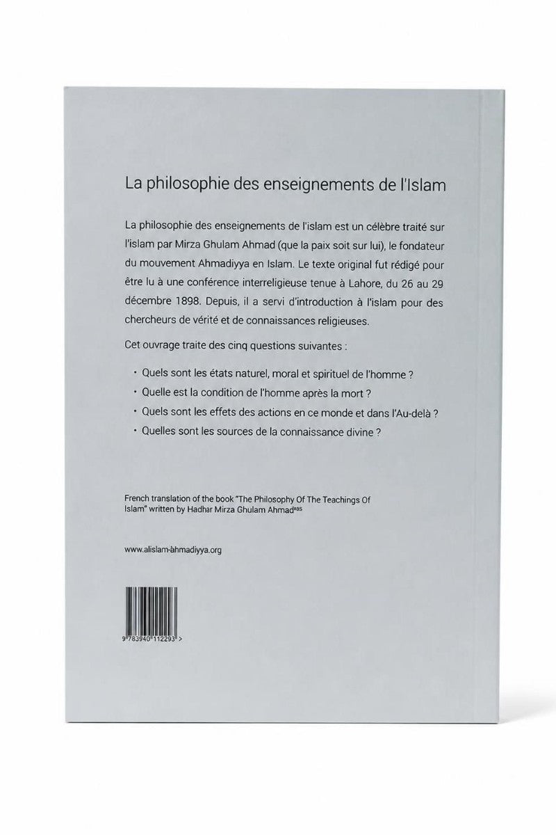 The back cover of a French book titled 'La philosophie des enseignements de l'Islam' by Mirza Ullah Ahmed, displayed against a clean white background.