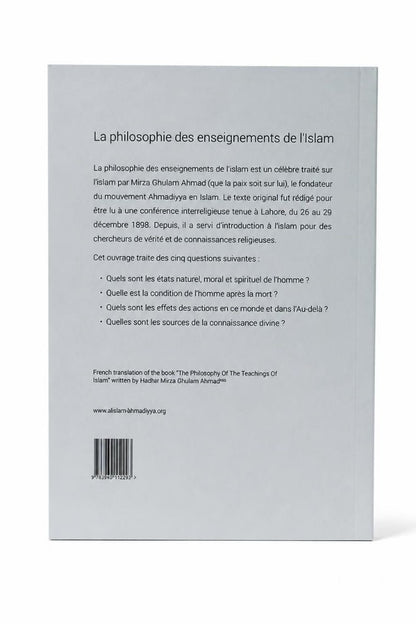 The back cover of a French book titled 'La philosophie des enseignements de l'Islam' by Mirza Ullah Ahmed, displayed against a clean white background.