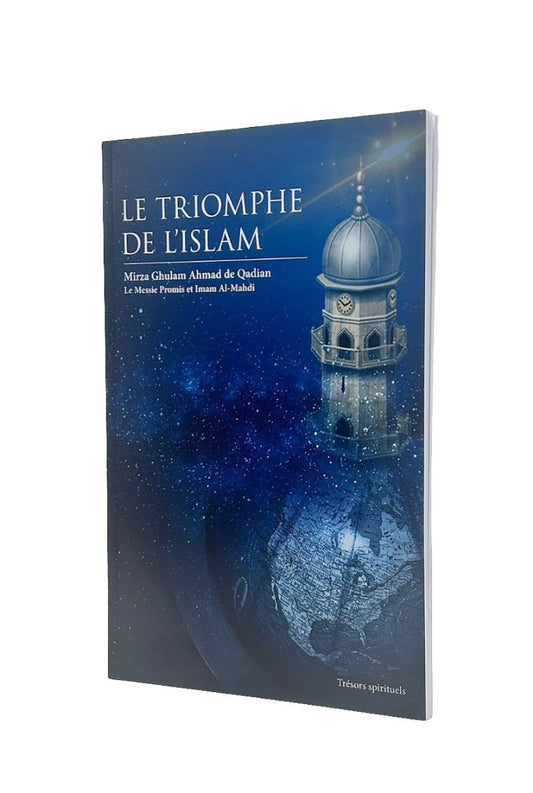 Book titled 'Le Triomphe de l'Islam' with a blue cover featuring a mosque and starry sky design.