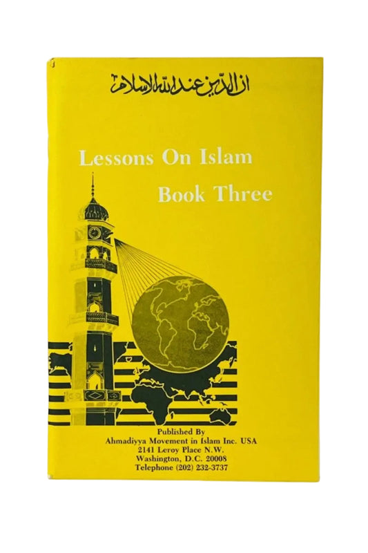The front cover of the book 'Lessons On Islam Book Three' in bright yellow with black and white graphics, photographed against a plain white background.