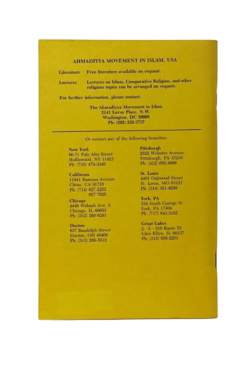 A yellow book or booklet cover for 'Ahmadiyah Movement in Islam, USA' with black printed text, photographed against a white background.