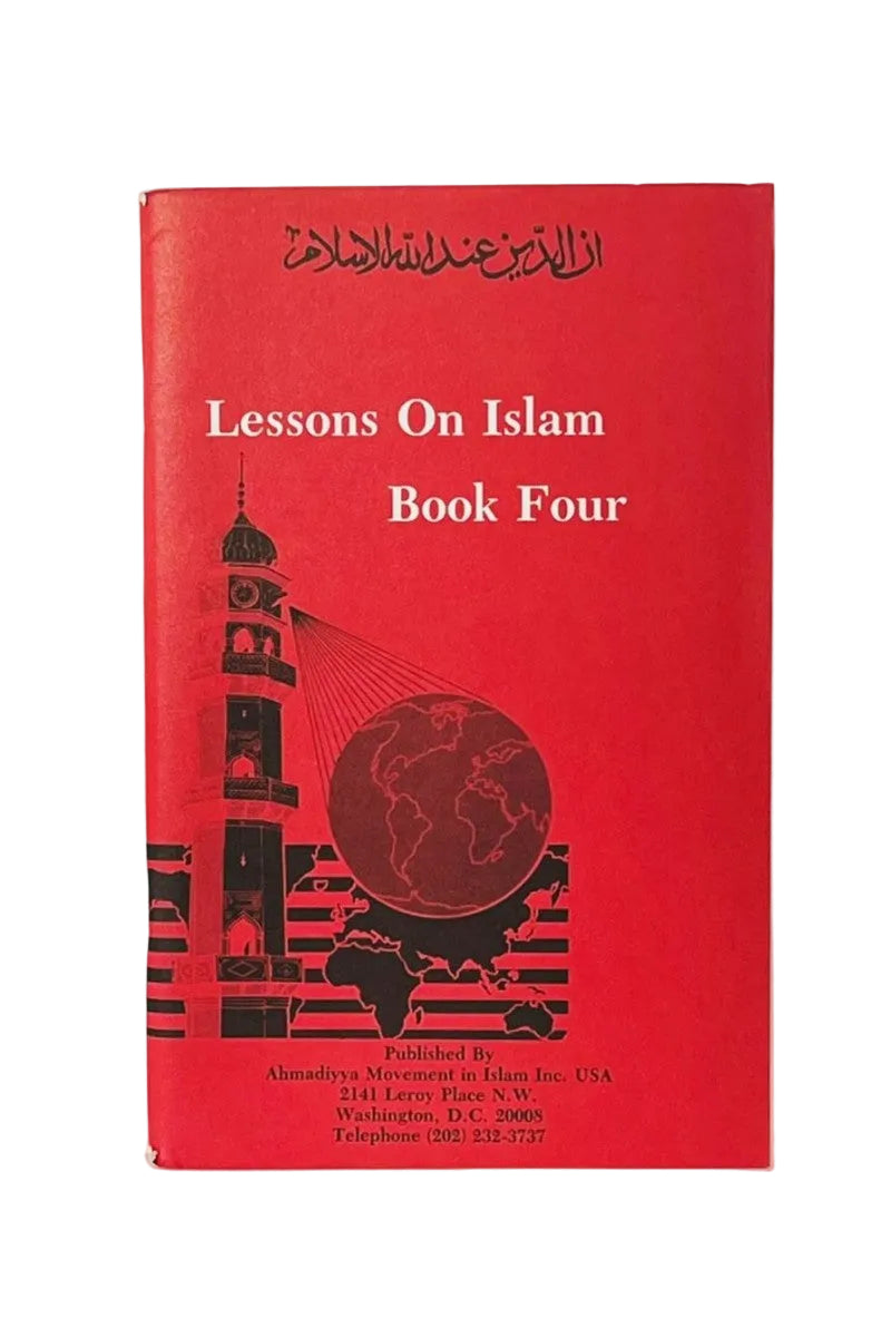A red book titled 'Lessons On Islam Book Four' with black and white cover graphics, photographed upright against a plain light background.