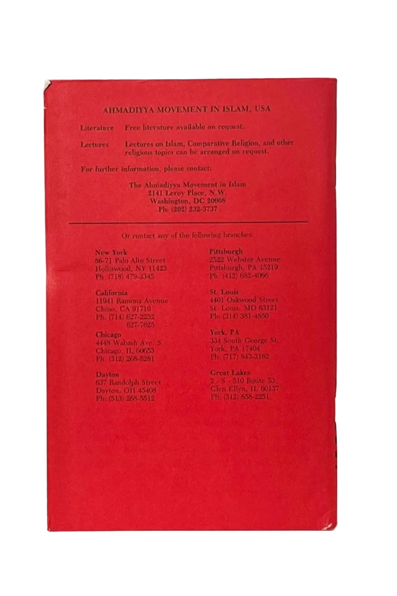 A red book or pamphlet cover photographed against a white background, with black printed text reading 'AHMADYIA MOVEMENT IN ISLAM, USA' and contact/location information for branches in New York, California, Chicago, Detroit, Pittsburgh, St. Louis, and Grand Rapids.